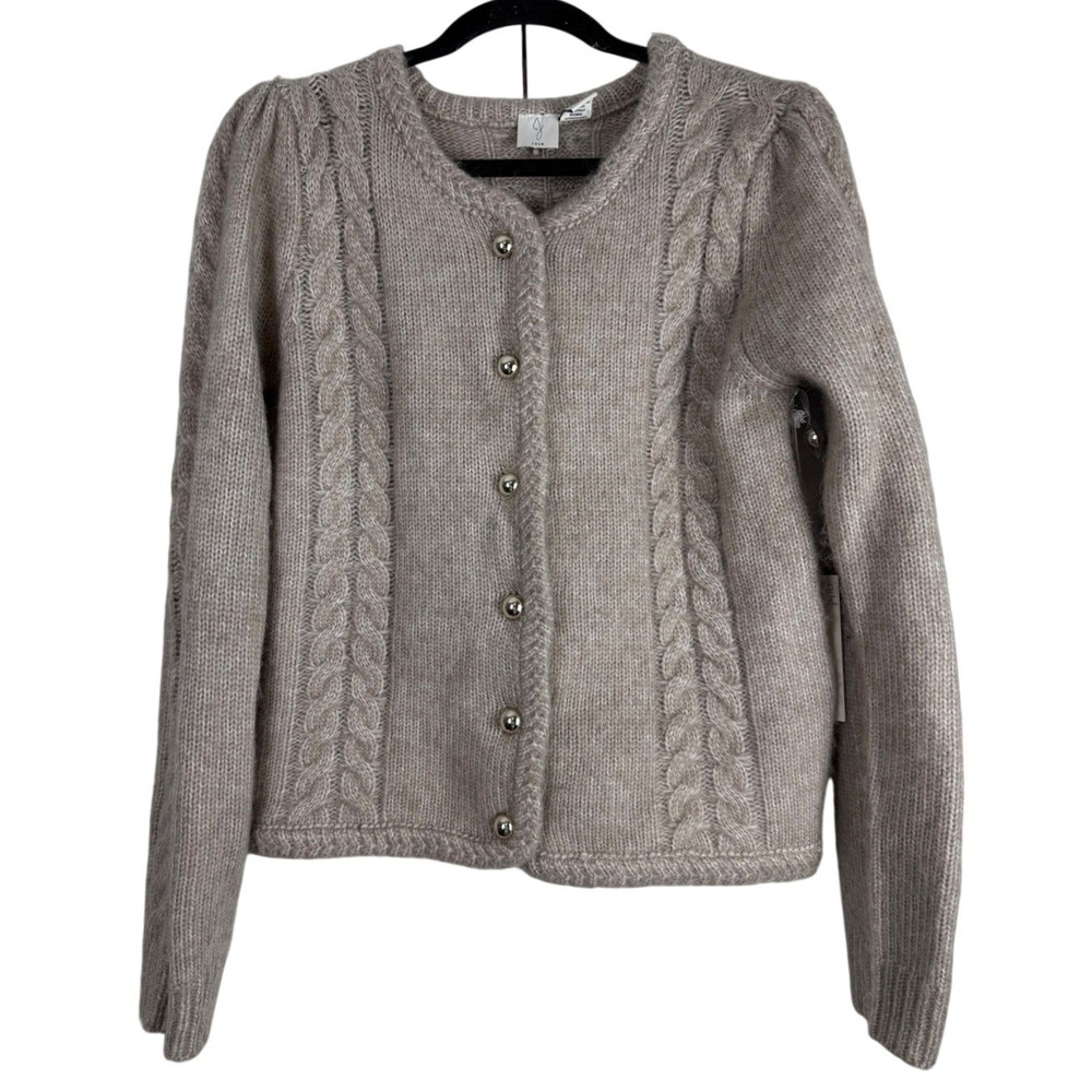 Joie Taupe Cable Knit Button Front Cardigan Sweater Silver Buttons Size S